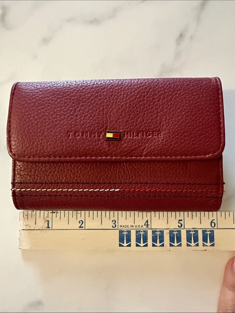 Tommy Hilfiger Burgundy Pebbled Leather Trifold Card Holder